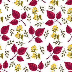 Seamless pattern with autumn red leaves and sea buckthorn berries and herbs. Vector graphics.