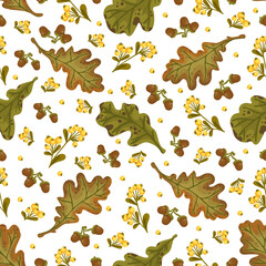 Seamless pattern with autumn oak leaves, acorns and sea buckthorn berries. Vector graphics.