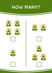 How many of Clover badge, game for children. Vector illustration, printable worksheet
