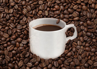 Cup of tasty espresso and roasted coffee beans