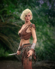 Pretty slim blonde barbarian warrior girl standing in jungle holding a dagger in her right hand. 3D rendering.