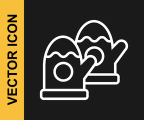 White line Pair of knitted christmas mittens icon isolated on black background. Mitten icon. Merry Christmas and Happy New Year. Vector