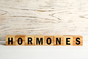 Word Hormones made of wooden cubes with letters on white table, space for text
