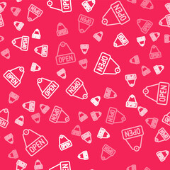 White line Hanging sign with text Open door icon isolated seamless pattern on red background. Vector