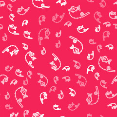 White line Fishing rod and fish icon isolated seamless pattern on red background. Fishing equipment and fish farming topics. Vector