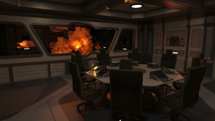 3D-illustration of an conference room in a starship with universe background