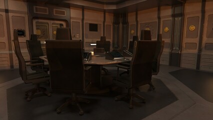 3D-illustration of an conference room in a starship with universe background