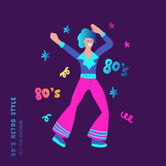 80s retro party dancing man clipart. Cartoon boy character human vector card.