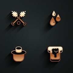 Set Honey dipper stick, Drops of honey, Beekeeper with protect hat and Bread icon with long shadow. Vector