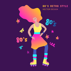 80s retro party clipart girl and roller skates. Cartoon character human vector card.