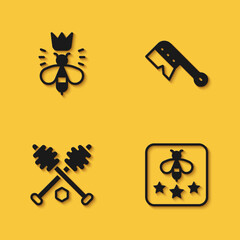 Set Queen bee, Type of, Honey dipper stick and Beekeeping brush icon with long shadow. Vector