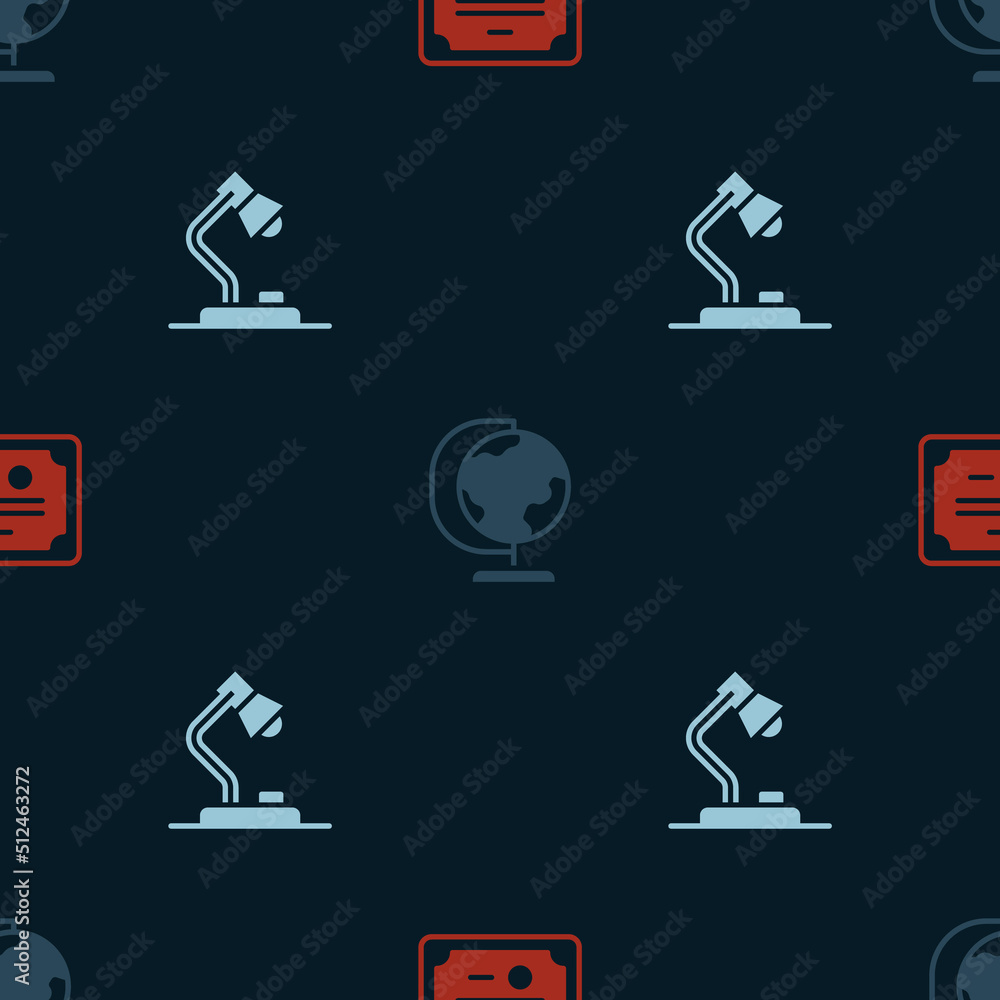 Poster set certificate template, earth globe and table lamp on seamless pattern. vector