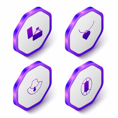 Set Isometric Diamond engagement ring in box, Necklace with heart shaped, mannequin and Gem stone icon. Purple hexagon button. Vector