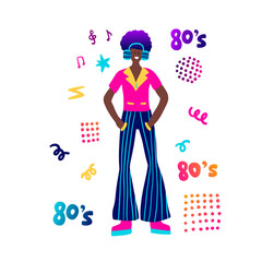 80s retro party man clipart. Cartoon boy character human vector card.