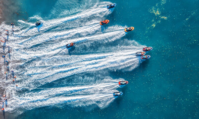 Aquabike championship on Jarun lake, Zagreb Croatia. Aerial view of the speed watercrafts in clear...