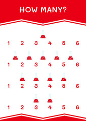 How many of Chemistry flask, game for children. Vector illustration, printable worksheet