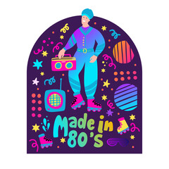 80s man poster. Prank boy music retro vector illustration. Made in the 80s