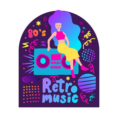 80s girl poster. Prank woman retro vector illustration. Tape recorder, record player music