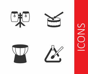 Set Triangle musical instrument, Conga drums, African darbuka and Drum with sticks icon. Vector