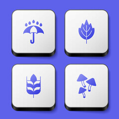 Set Umbrella and rain drops, Leaf, Wheat and Mushroom icon. White square button. Vector