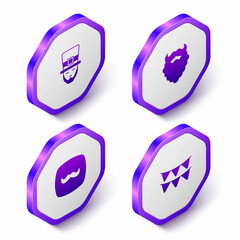 Set Isometric Leprechaun, Mustache and beard, and Carnival garland with flags icon. Purple hexagon button. Vector