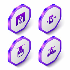 Set Isometric Train in railway tunnel, Route location, Cable car and Handcar transportation icon. Purple hexagon button. Vector