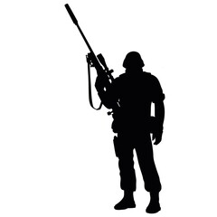 Black and white silhouette of a soldier with a weapon. A special forces soldier aims and shoots a rifle or a machine gun at the enemy