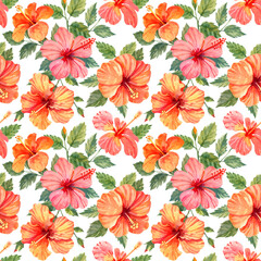 Hibiscus seamless pattern for fabric, wrapping paper and wallpaper. Hand drawn watercolor and gouache botanical illustration