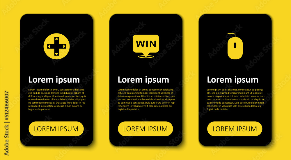 Poster set computer mouse, medal and game controller or joystick. business infographic template. vector