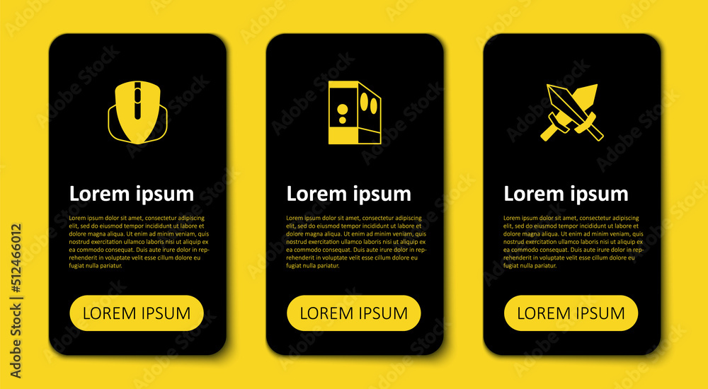 Poster set sword for game, case of computer and computer mouse. business infographic template. vector
