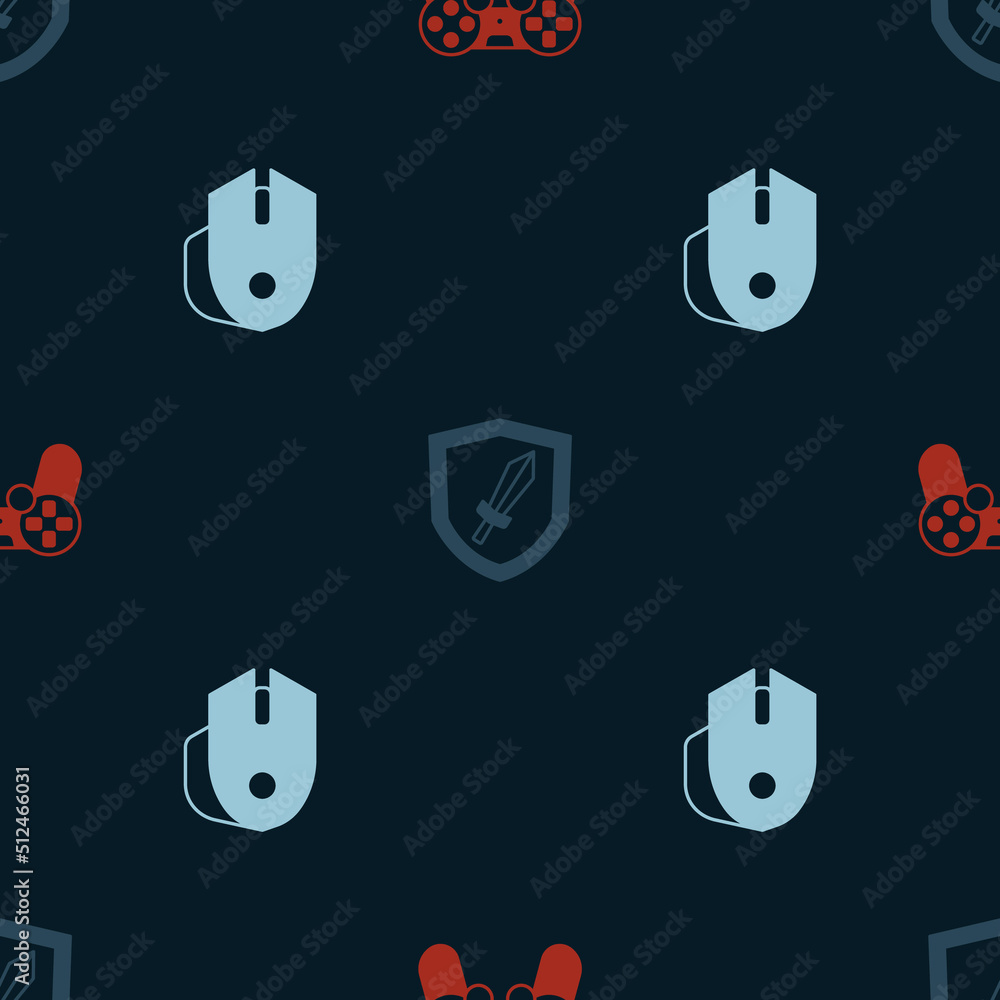 Poster set game controller or joystick, sword for game and computer mouse on seamless pattern. vector