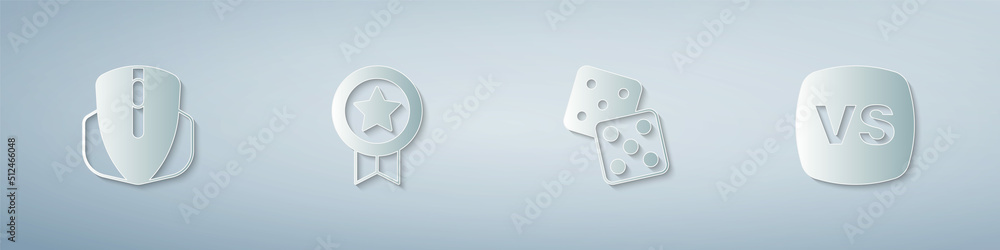 Poster set computer mouse, game rating with medal, dice and vs versus battle. paper art style. vector