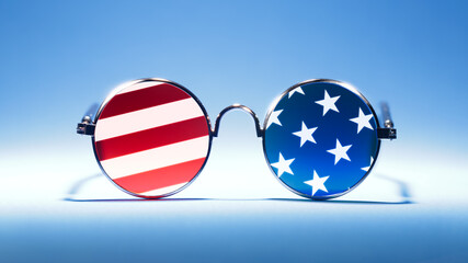 Cool red, white, and blue sunglasses in the pattern of the US American flag. For USA 4th of July or other patriotic celebrations. - obrazy, fototapety, plakaty