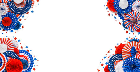 Festive red, white, and blue USA decorations. For patriotic celebrations like 4th of July, Memorial day, Veteran's day, or other US American holidays with copy space for text.