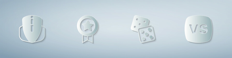 Set Computer mouse, Game rating with medal, dice and VS Versus battle. Paper art style. Vector