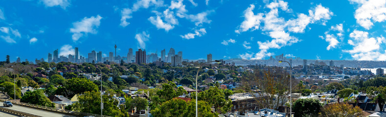 Fototapeta na wymiar Panorama view of Sydney CBD and Sydney Harbour. Distant view of High-rise office towers and high-rise apartment buildings. Suburban Sydney Suburbs in the foreground NSW Australia 