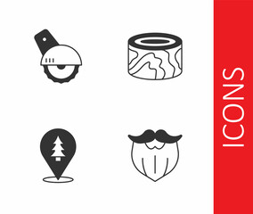 Set Mustache and beard, Electric circular saw, Location of the forest and Wooden logs icon. Vector