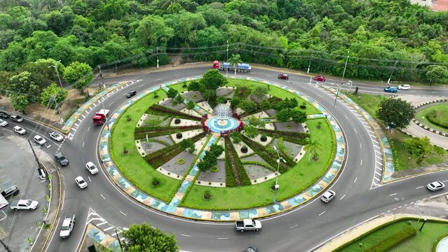 Panoramic aerial view of famous Letters Square Roundabout downtown city Manaus Brazil. Cityscape of tourism landmark city. Letters Roundabout at downtown Manaus Brazil.