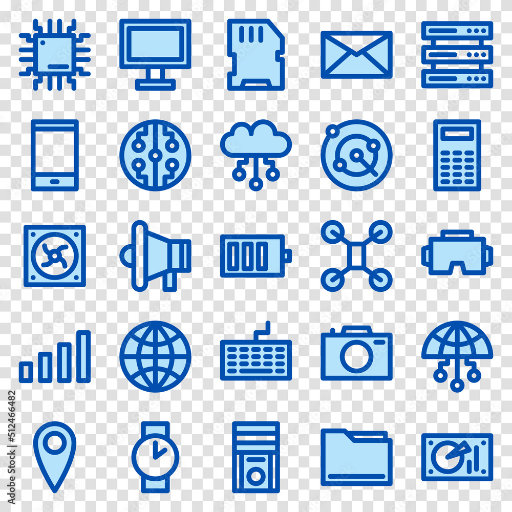 Poster set of 25 device and technology web icons in line blue style. industry 4.0 concept factory of the fu