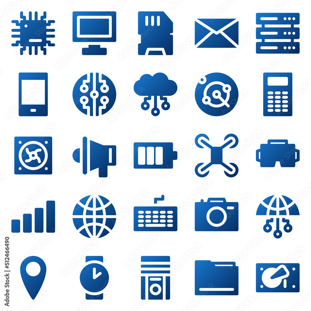 Poster set of 25 device and technology web icons in gradient style. industry 4.0 concept factory of the fut