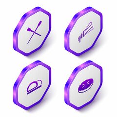 Set Isometric Food chopsticks, with noodles, Sushi and Homemade pie icon. Purple hexagon button. Vector