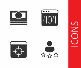 Set Consumer product rating, Stacks paper money cash, Target financial goal and Page with 404 error icon. Vector