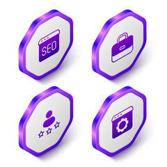 Set Isometric SEO optimization, Briefcase, Consumer product rating and Browser setting icon. Purple hexagon button. Vector
