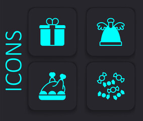 Set Candy, Gift box, Angel and Roasted turkey or chicken icon. Black square button. Vector