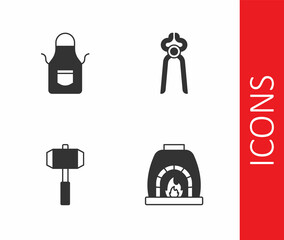 Set Blacksmith oven, apron, Sledgehammer and pliers tool icon. Vector