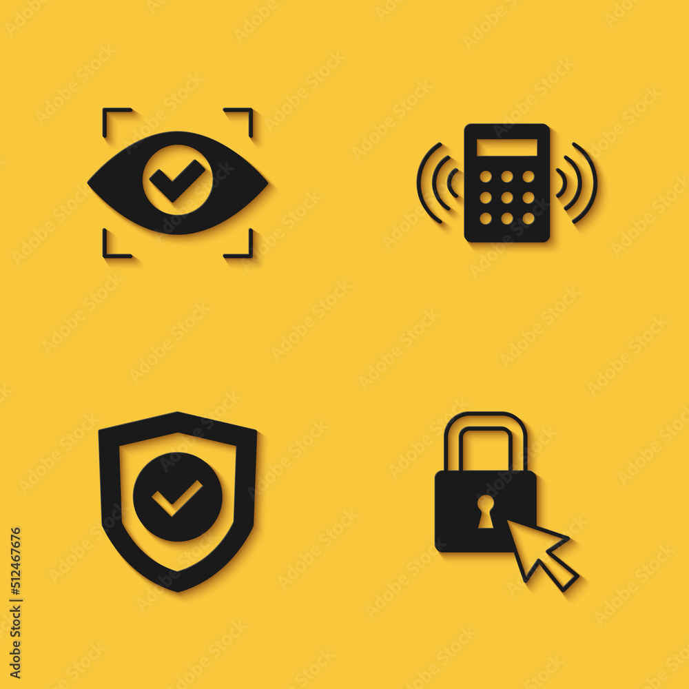 Poster set eye scan, lock, shield with check mark and security keypad access panel icon with long shadow. v