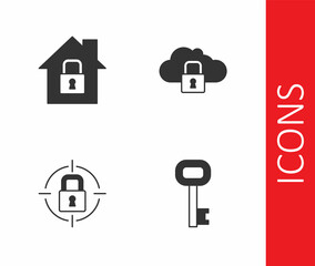 Set Old key, House under protection, Lock and Cloud computing lock icon. Vector