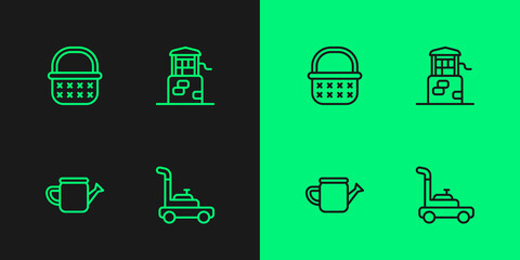 Set line Lawn mower, Watering can, Wicker basket and Well icon. Vector