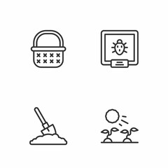 Set line Plant sprouts grow in the sun, Shovel ground, Wicker basket and Colorado beetle icon. Vector