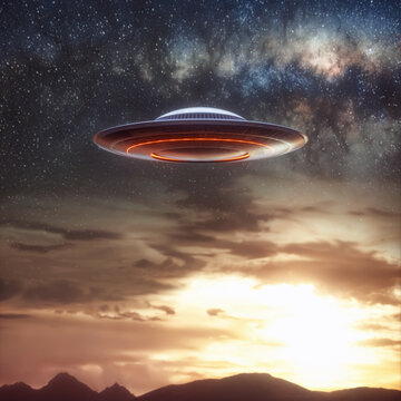 Unidentified flying object, UFO. Alien spaceship gravitating in the sky with the sun behind. 3D illustration, ufology concept.